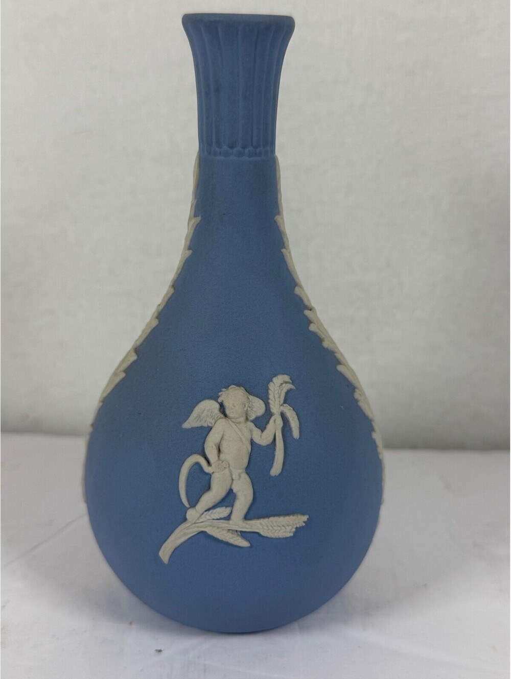 Vintage Wedgwood Blue Jasperware Bud Vase Cherub Relief Made in England 1973